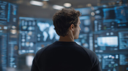 Silhouette of a programmer surrounded by floating holographic screens filled with datasets, coding languages, and deep learning visualizations, highlighting futuristic coding interface design, AI