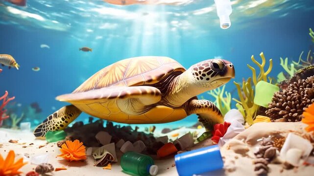 A sea turtle swims amidst plastic pollution in a vibrant ocean environment.