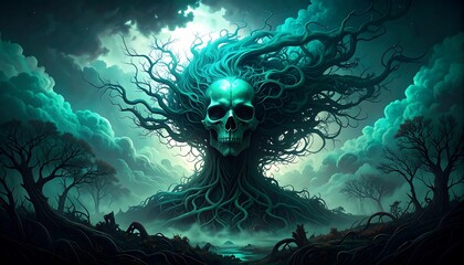 Eerie Skull Tree in a Mystical Forest Landscape.
