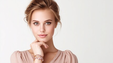 A fair-skinned woman with light brown hair in an updo, gazing at the viewer, hand near her chin