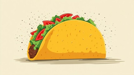 Stylized cartoon of a hard-shell taco filled with lettuce, tomatoes, and seasoned ground meat