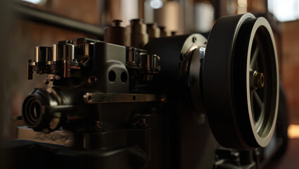 Fototapeta premium A detailed close-up of a vintage industrial machine showcases polished metal gears, a large flywheel, and intricate mechanical parts bathed in warm workshop lighting.