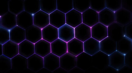 Abstract digital network of interconnected glowing hexagonal shapes on black background