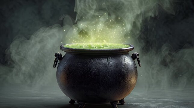 A mystical black cauldron boils with an enchanting green potion, emitting mysterious luminous smoke and glowing with magical energy, perfect for fantasy and spellbinding themes