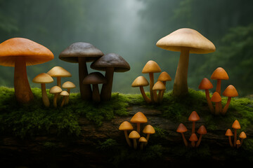 Wild mushrooms thriving on a log