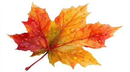 A vibrant, wet maple leaf in autumnal hues, with realistic water droplets, set against white