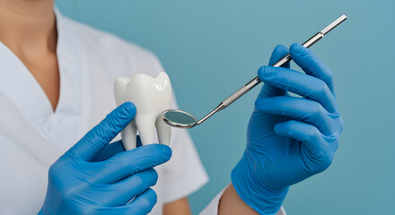 Dental Hygienist Holding Tooth Model with Dental Mirror and Probe in Medical Clinic