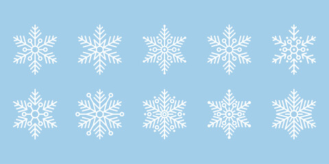 Snowflakes, set of icons, winter symbol, snow sign, Christmas, isolated on a blue background, vector illustration. Decorative Different Frozen Holiday Element for Decoration, Design, Postcard, Banner