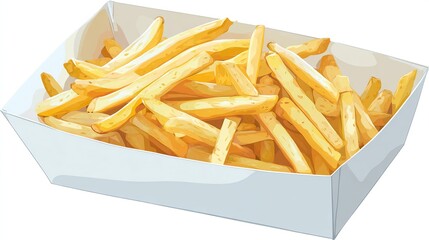 A close-up illustration of a white paper carton overflowing with golden-brown, crispy, fried potato sticks
