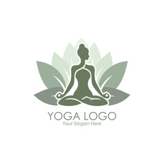 Yoga logo design featuring a woman meditating in the lotus pose, surrounded by green leaves. Ideal for wellness studios, eco-yoga brands, and organic lifestyles.