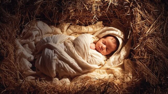Top-down view of baby Jesus peacefully sleeping in the manger, wrapped in simple white swaddling clothes &mdash; a serene, sacred nativity moment filled with divine calm.
