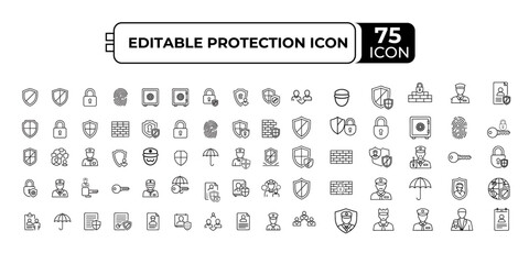 Protection Icons: A comprehensive set of editable protection icons, perfectly crafted to convey themes of safety, security, and safeguarding digital information. 