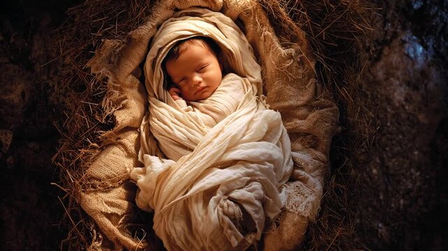 Top-down view of baby Jesus peacefully sleeping in the manger, wrapped in simple white swaddling clothes &mdash; a serene, sacred nativity moment filled with divine calm.
