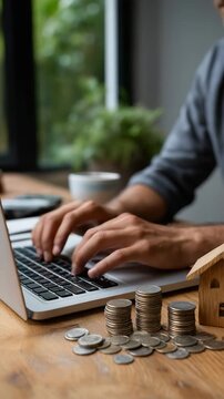 Person sitting at desk using laptop, with wooden house model and scattered coins on the side, concept of property planning and online financial work, shallow depth of field, warm neutral tones