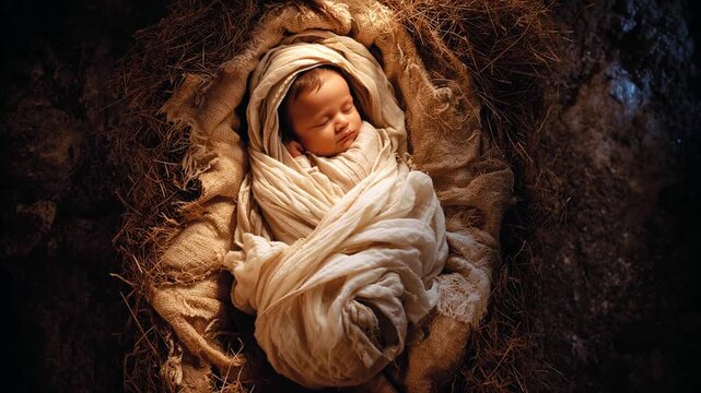 Top-down view of baby Jesus peacefully sleeping in the manger, wrapped in simple white swaddling clothes &mdash; a serene, sacred nativity moment filled with divine calm.
