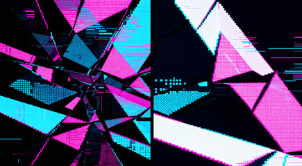 Abstract geometric design featuring triangles and pixelated textures in vibrant pink and cyan hues