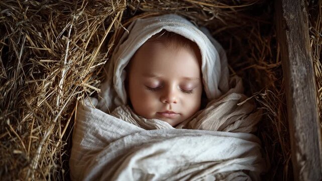 Top-down view of baby Jesus peacefully sleeping in the manger, wrapped in simple white swaddling clothes &mdash; a serene, sacred nativity moment filled with divine calm.
