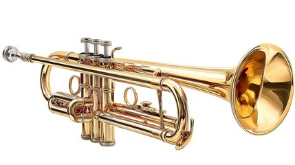 Gleaming brass instrument with valves and bell, captured in a studio setting with a bright white background