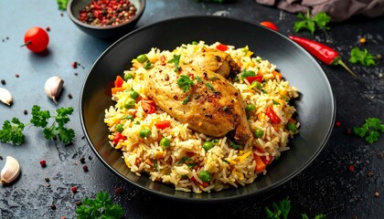 Delicious Chicken and Rice Dish with Fresh Herbs and Vegetables.