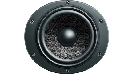 A close-up shot showcasing a gray circular speaker, with surrounding metal hardware details