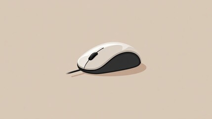 A simple, light-colored computer mouse with a black scroll wheel, wire, and dark base, on beige background