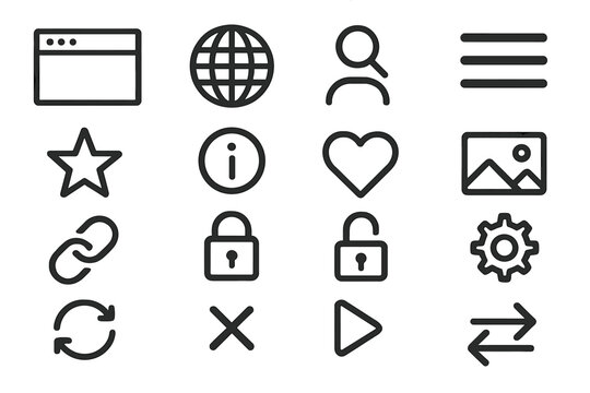 Minimalist web page icon set with internet navigation and user interface symbols, vector illustration with transparent background, including lock, play, search, and refresh icons