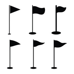 Set of six diverse black golf flag illustrations various styles scalable vector eps icons for sports graphics silhouette White background