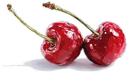 Two vibrant red, ripe, juicy fruit, each with a green stem, cast a shadow against a white backdrop