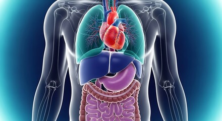 Human body anatomy with internal organs, lungs, heart, liver, stomach and intestines