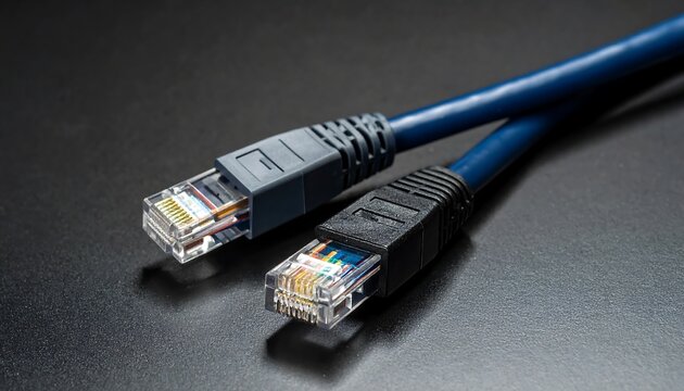 Two Blue Ethernet Cables on a Dark Surface.