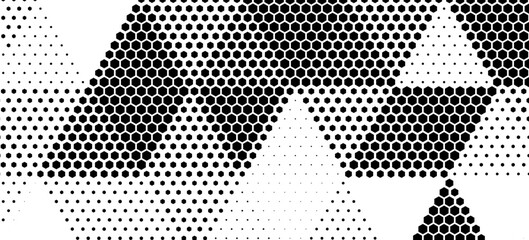 Hexagon halftone gradient texture. Abstract black grunge background. Geometric retro halftone tech wallpaper. Fading wavy hexagonal pattern backdrop. Vector vanishing honeycomb grunge bitmap overlay