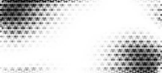Hexagon halftone gradient texture. Abstract black grunge background. Geometric retro halftone tech wallpaper. Fading wavy hexagonal pattern backdrop. Vector vanishing honeycomb grunge bitmap overlay