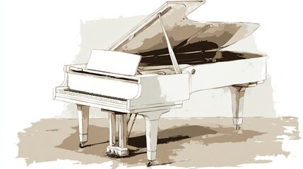 An off-white grand piano, sketched and shaded against a light background. Lid is up, keys visible