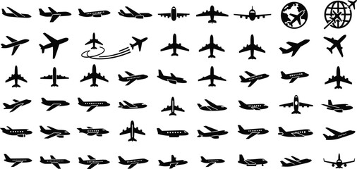 Airplane icon set, flight silhouettes, aviation symbols, commercial and military aircraft, global travel graphics, black vector, UI design elements