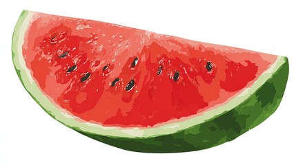 A colorful illustration of a juicy watermelon slice, showing red flesh, black seeds, and green rind