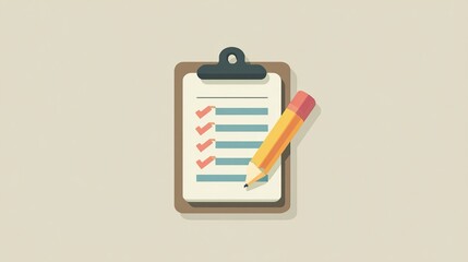 A flat illustration of a checklist on a clipboard with checkmarks next to each line, and a pencil