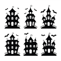 Set of six spooky haunted house illustrations with bats for halloween celebrations vector graphic silhouette White background