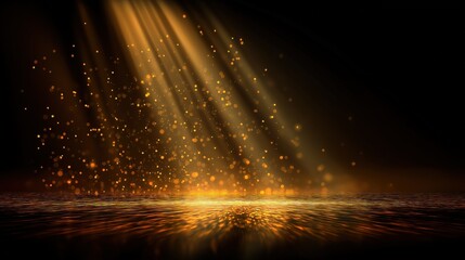 A mesmerizing scene of golden light rays illuminating sparkling particles against a dark background, creating a magical and atmospheric effect.