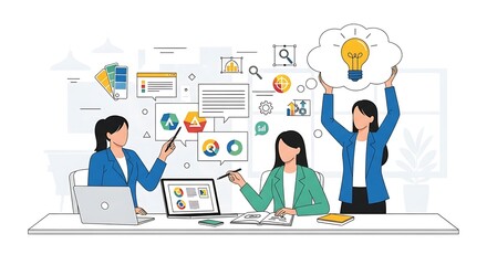 Creative businesswomen collaborating on a new project, brainstorming innovative ideas and digital strategy for development