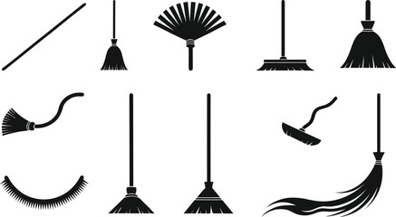Cleaning tools silhouette, broom and brush icons, household equipment, sweeping tools, hygiene concept, black vector set, sanitation gear