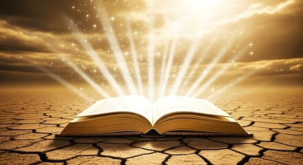 Mystical golden tome radiating sparkling stars and rising light into a dreamy celestial sky
