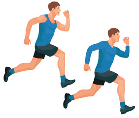 Fast-running man in profile at a competition in seasonal blue sportswear, two figures