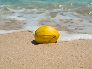 Obraz premium Yellow Coconuts on the Beach with Gentle Waves Touching the White Sand, a Symbol of Tropical Tranquility and the Natural Beauty of the Ocean on a Sunny Day