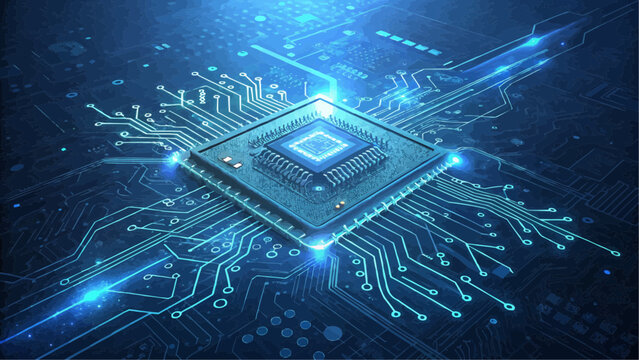 A close up of a blue circuit board with a central processor and glowing trace lines showing data flow