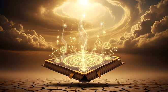 Open mystical book glowing with golden light, lifting sparkling stars into a celestial sky