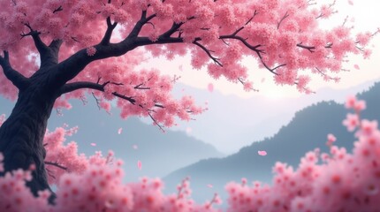 Cherry Blossoms Blooming Gracefully Beneath the Peaceful Mountain Sky