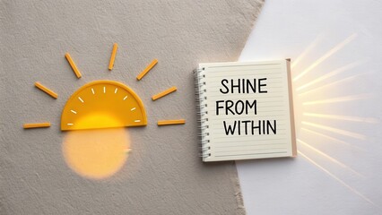 Motivational flat lay of a shining sunrise and notebook text