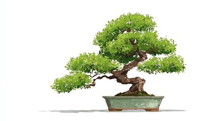 Fototapeta premium An artistic illustration of a bonsai tree with vibrant green leaves in a decorative pot against a white background