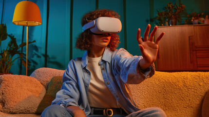 Young woman wearing vr headset, interacting with digital world on couch