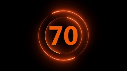 Neon orange number 70 inside concentric circles on black background seventy numeral